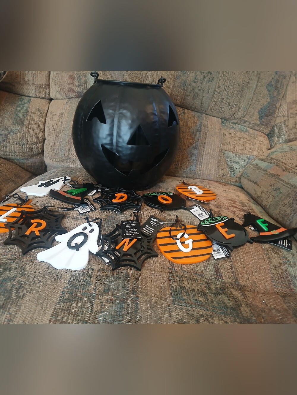 New Halloween Decorations - Black Metal Jack O Lantern & Monigramed Ornaments